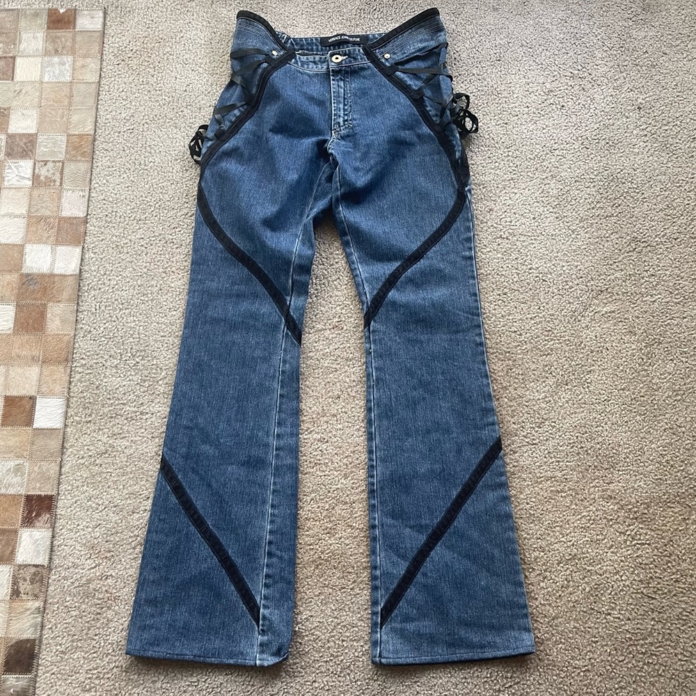 Versace Jeans Couture Y2K Low Rise Boho Bell Bottom Lace Up Jeans